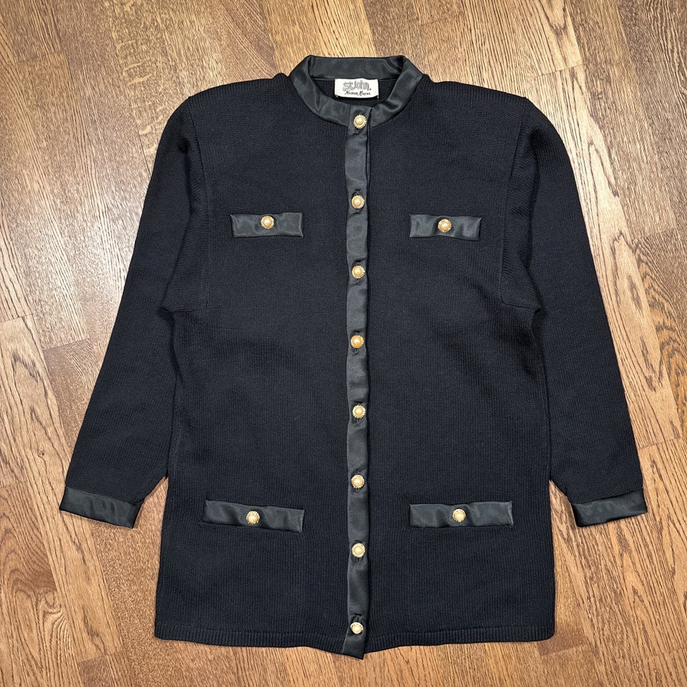 St John Knit Black Gold Pearl Button Satin Wool Blend Cardigan Sweater Womens 12